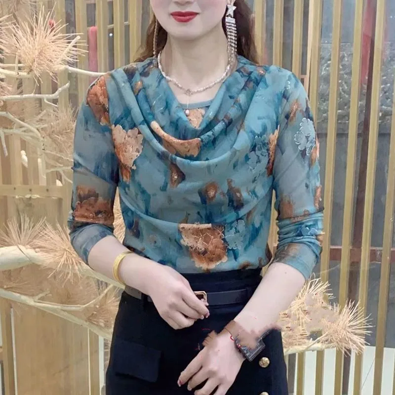 

Весенне-осенний женский пуловер с круглым вырезом 2025 года, новый облегающий и стильный топ с длинными рукавами и принтом в складках ZT144