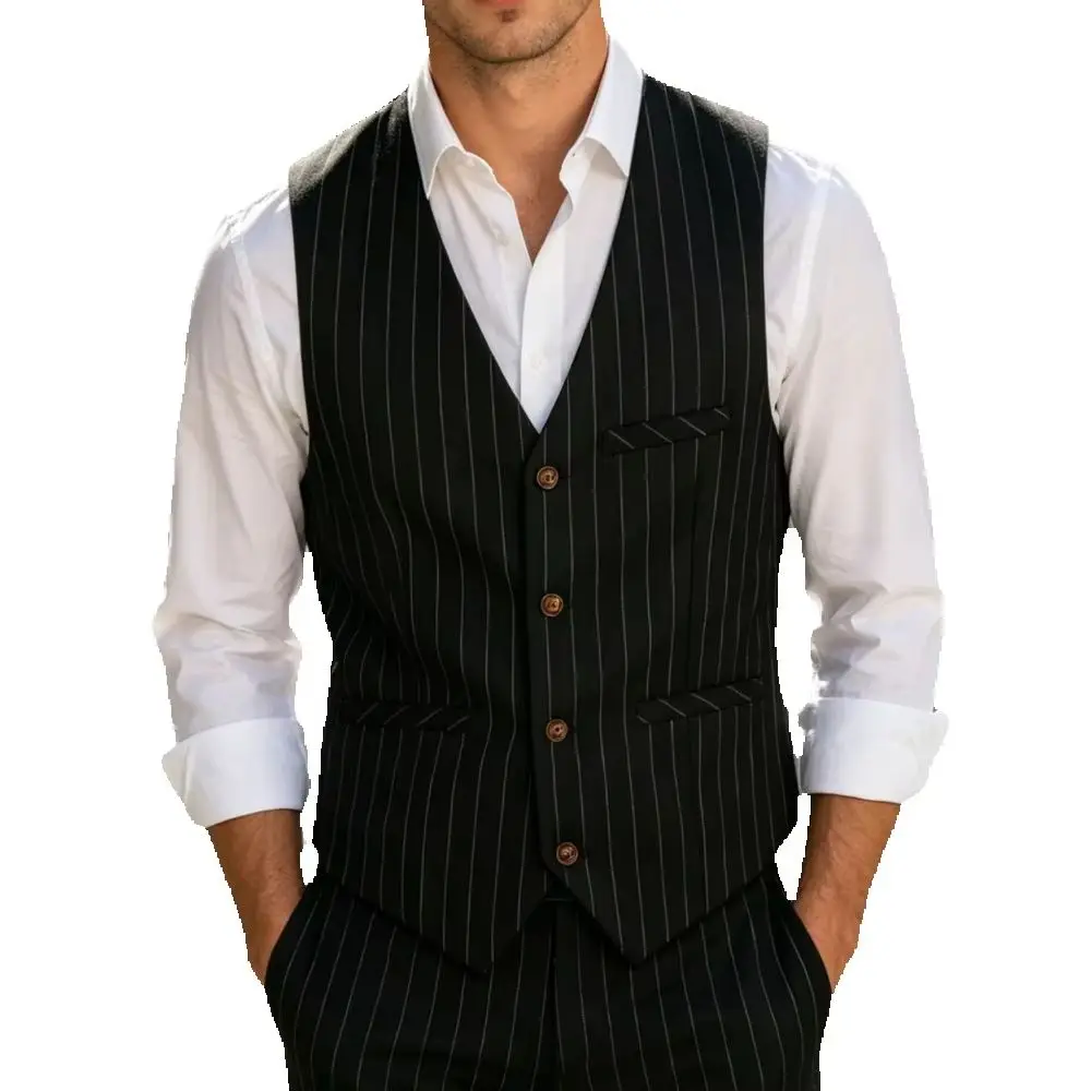 

V Neck Men's Vest Single Breasted Slim Fit Striped Men's Waistcoat Bussiness Men's Vest For Wedding Groomsmen