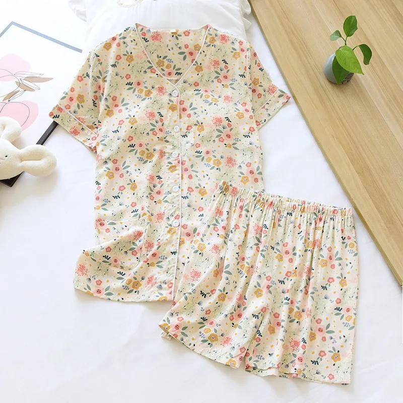 2024 New Women's Pajama Set 100% Viscous V-Neck Short Sleeve Shorts Two Piece Set with Chest Pad LadiesThin Home Furnishing