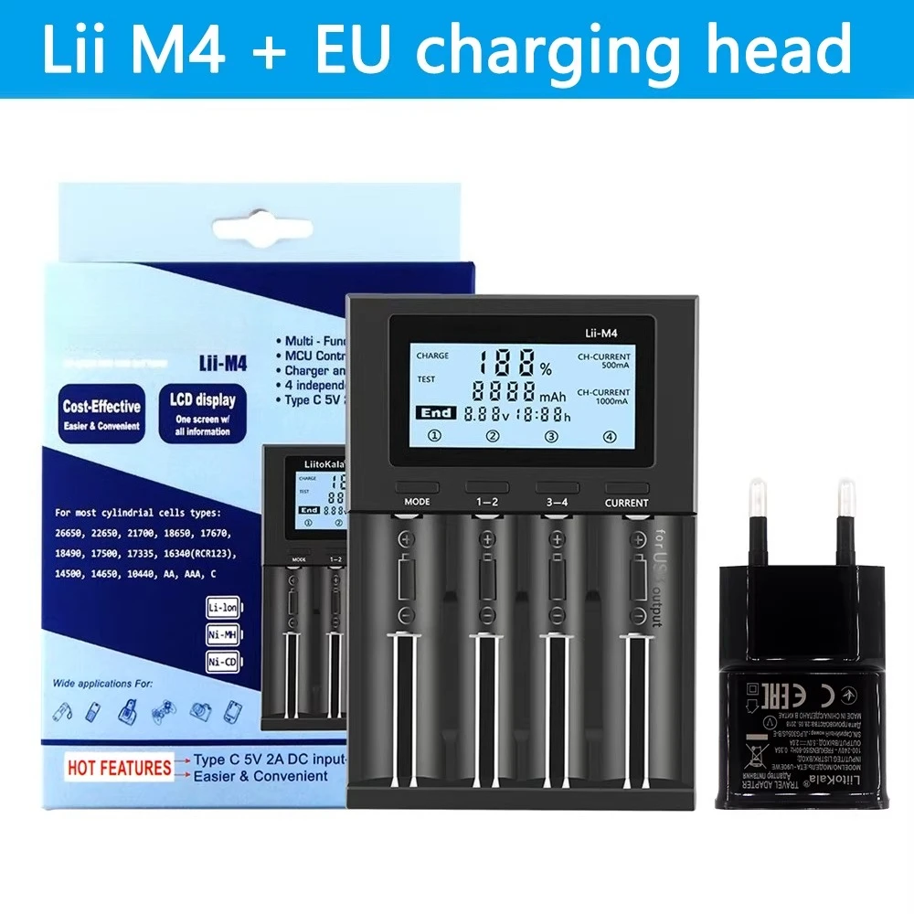 Lii-M4 Universal Smart Charger–For 18650 21700 AA AAA Li-ion/NiMH Batteries, with LCD Display & Capacity Test, 4 Slots