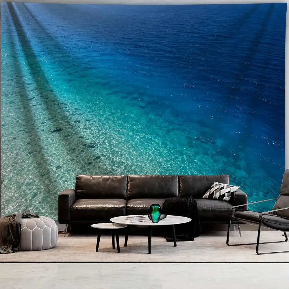 Turquoise Clear Ocean Water Tapestry Blue Sea Surface Wall Hanging, Tropical Transparent Seawater Landscape Bedroom Decor