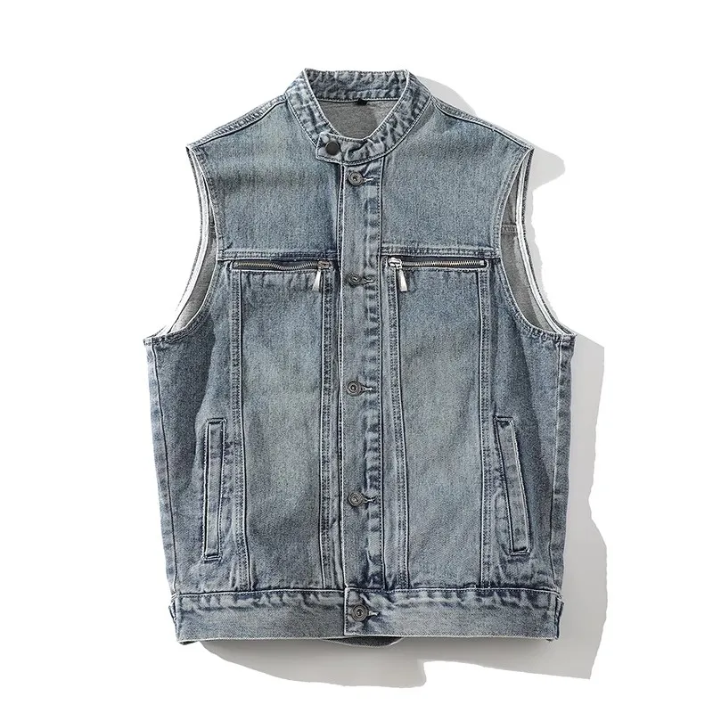 

Autumn Denim Vest Men Sleeveless Vintage Moto Biker Jean Jacket Coat Fashion Casual Mens Stand Collar Denim Waistcoat Streetwear