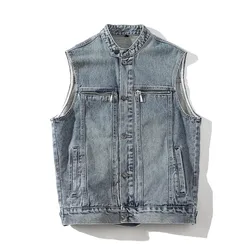 Autumn Denim Vest Men Sleeveless Vintage Moto Biker Jean Jacket Coat Fashion Casual Mens Stand Collar Denim Waistcoat Streetwear