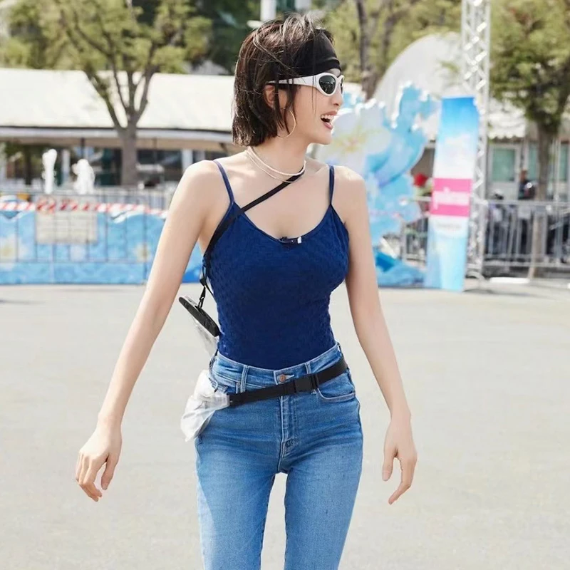 

Blue One-Piece Swimsuit for Women Qin Lan Thermal Spring Bathing Suit Casual Swimwear Fixed Chest Pad No Sleeve