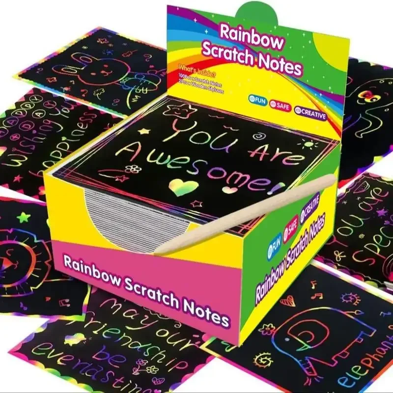 50/100/150 Sheets Rainbow Scratch Paper Art Set, Magic Black Scratch Off Drawing Paper With Wooden Stylus, DIY Creative Coloring