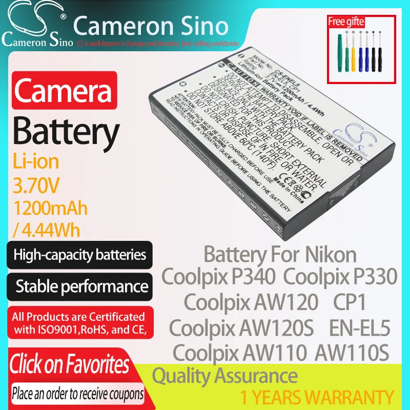 CameronSino Battery for Nikon Coolpix P340 Coolpix P330 Coolpix AW120 AW120S AW110 AW110S fits KLICKTEL EN-EL5 camera battery