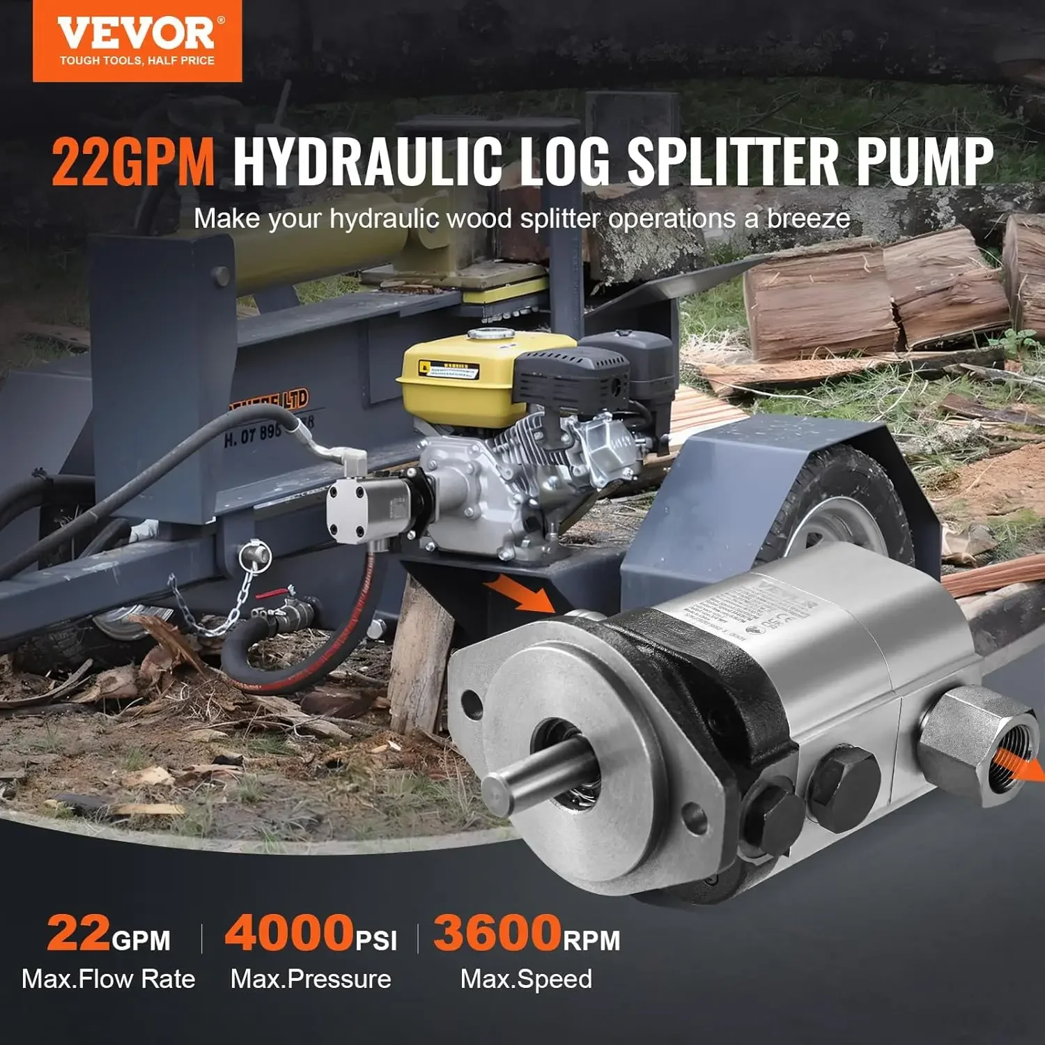 Hydraulic Wood Log Splitter Pump Kit, 22GPM, 2 Stage 4000PSI Aluminum Hydraulic Gear Pump