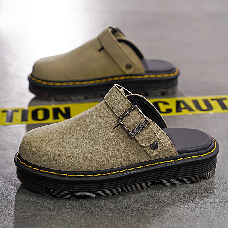 

Mens Half Shoes Casual Luxury Loafers Slippers Thick Bottom Mules For Man Platform Leather Mens Semi-Drag Male Slides Shoes