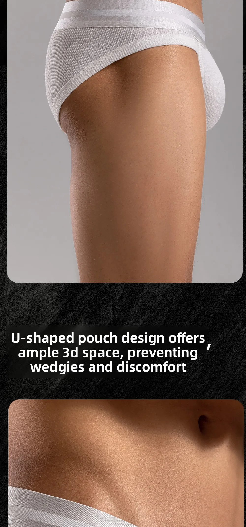 3pcs Sexy Men Waffle Cotton Briefs with Raised Bag Support Pouch With Hole U Spacious Separate Crotch Breathable Anti-sweat