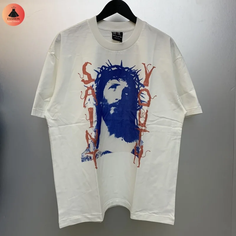 High Street White Printed Hip Hop Vintage T-Shirt High Quality 1:1 SAINT Loose Cotton TEE Summer Brand Tops