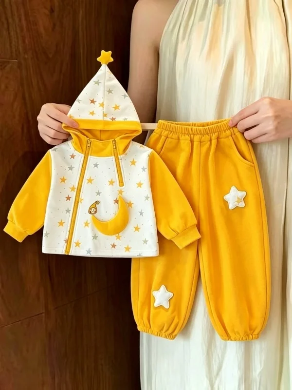 Girls Casual Autumn Moon Star Human Color Block Hat Two-Piece Set Sweet Fashionable Children's Clothing Online Exclusive