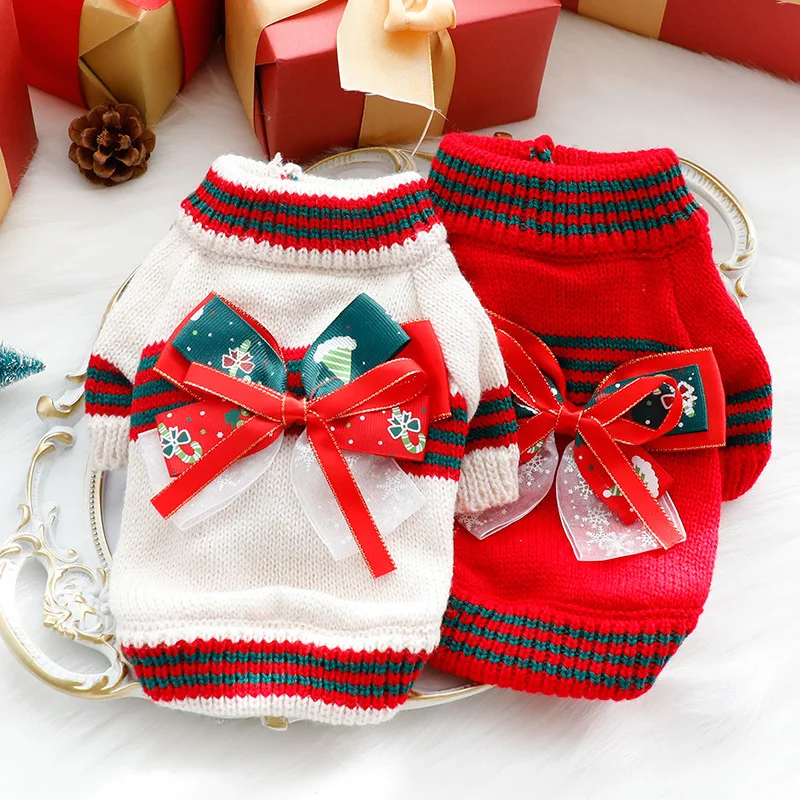 Dog Christmas Sweater Clothes Autumn and Winter Cat Princess Knitted Sweater Christmas Happy Small Dog Teddy Pet Bow Tie Bottom