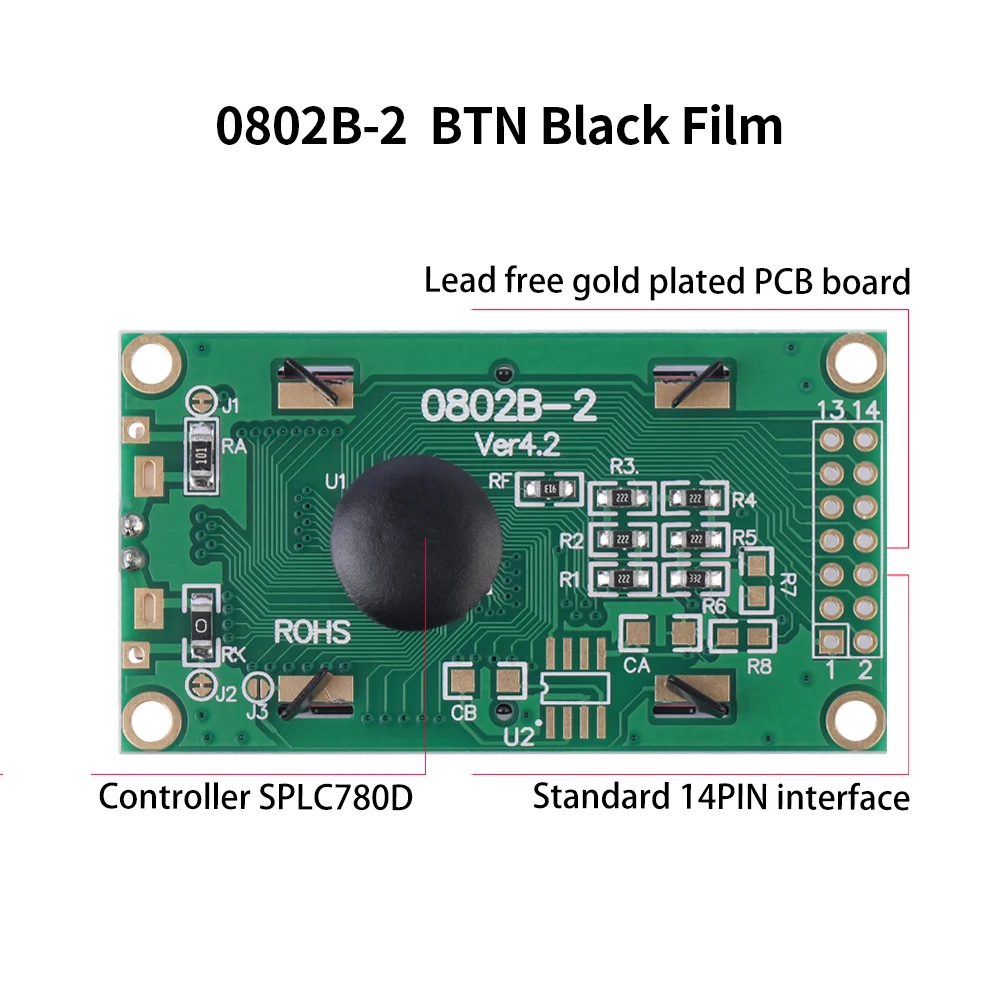 Ekran wyświetlacza LCD 0802B-2 BTN czarny Film czerwona czcionka oryginalna ST7066U Chip graficzny typ znaków z matrycą punktową