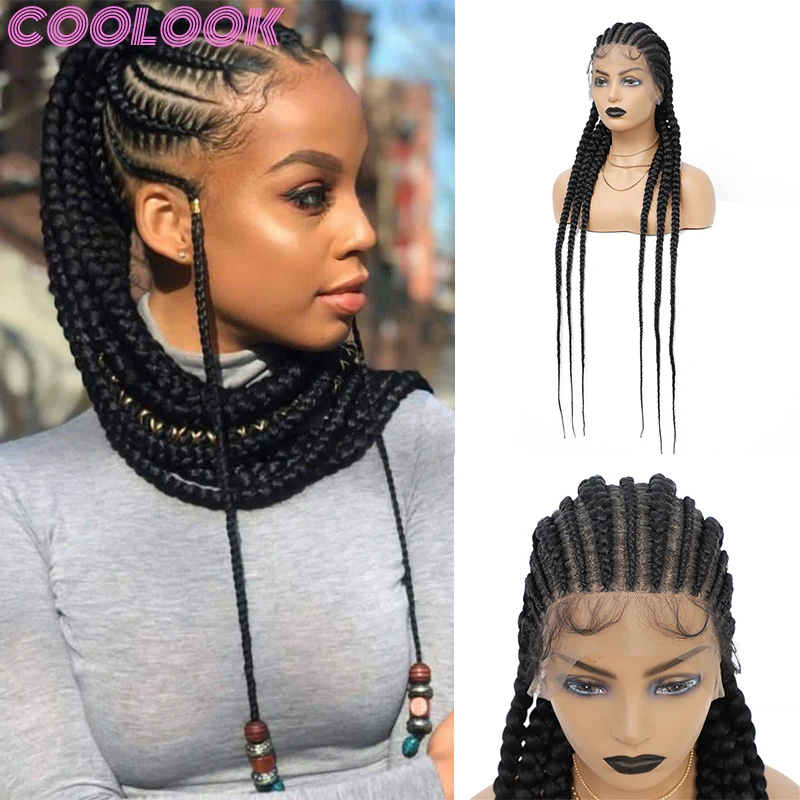 360 Full Lace Box Braided Wigs for Black Women Cornrow Braided Synthetic Wig with Baby Hair 36 Inch Long Braid Lace Frontal Wigs