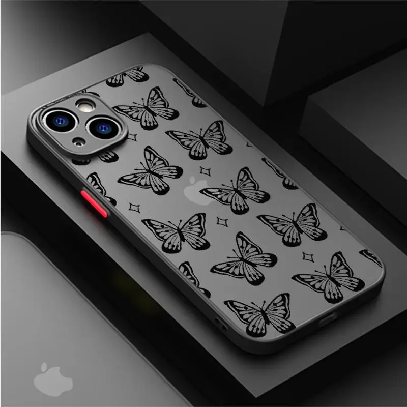 Butterfly Printed Case for Apple iPhone 15 11 14 13 12 Pro 7 XR X XS Max 8 Plus 6 6S SE 2022 15Pro Black Matte Phone Funda