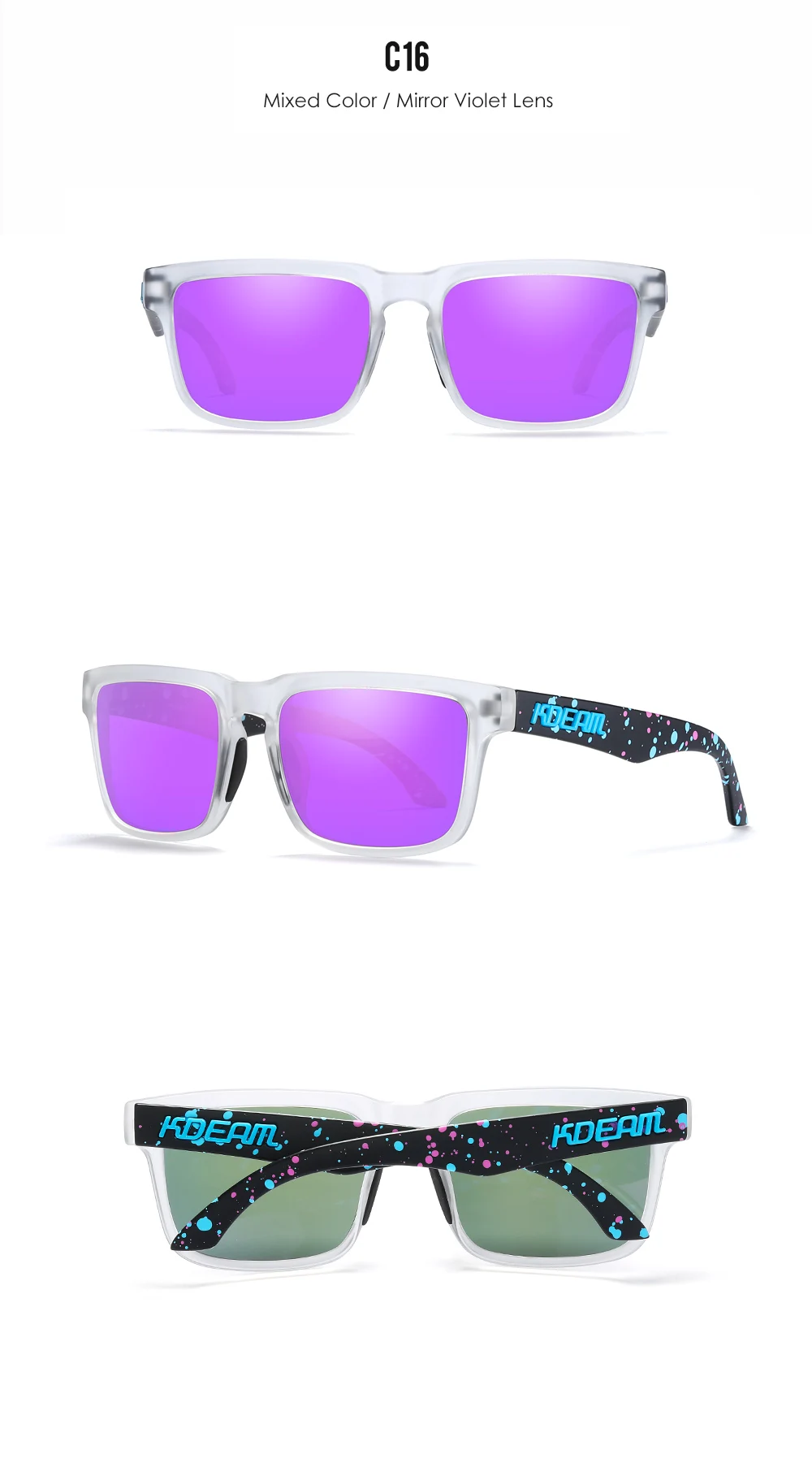 Neue hochwertige quadratische Sonnenbrille für Herren der Marke KDEAM, farbige Sport-Polarisations-Sonnenbrille mit reflektierender Beschichtung und verspiegelten Gläsern – Detail 38