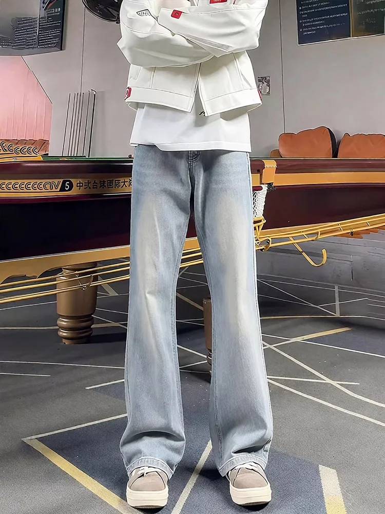 

Мужские джинсы с синей талией в стиле ретро, мужские прямые джинсы в американском стиле High Street, высокие тонкие брюки-клеш с микро-клеш