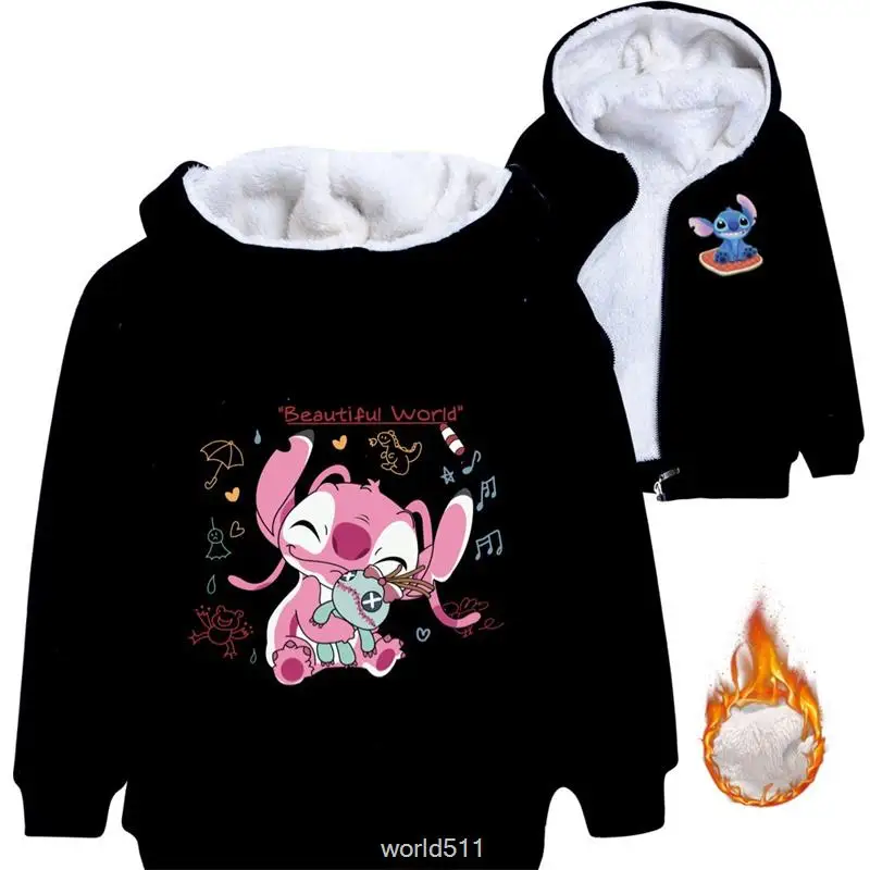 Stitch Baby Girls Cartoon Printed Children Plus Velvet Warm Girls Cotton Jacket Sweatshirt Thick Kids Clothing Jacket