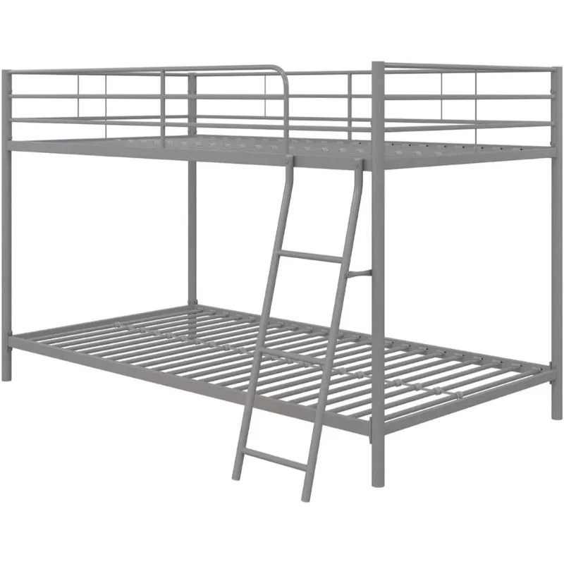 

Low Metal Bunk Bed Frame for Kids, Teens and Adults, With Angled Ladder, High Guardrail, Metal Slats, Smooth Rounded