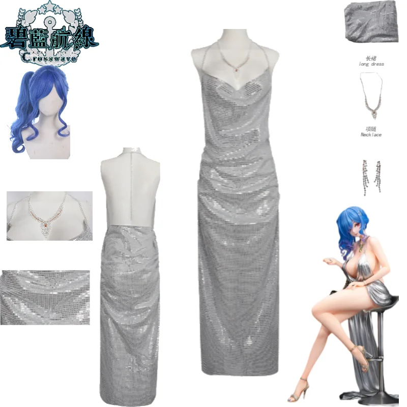 

Azur Lane USS St. Louis Cosplay Costume Sexy Evening Dress with Sequin, Slim Waist Slip Long Dress Wig Women Halloween Outfit