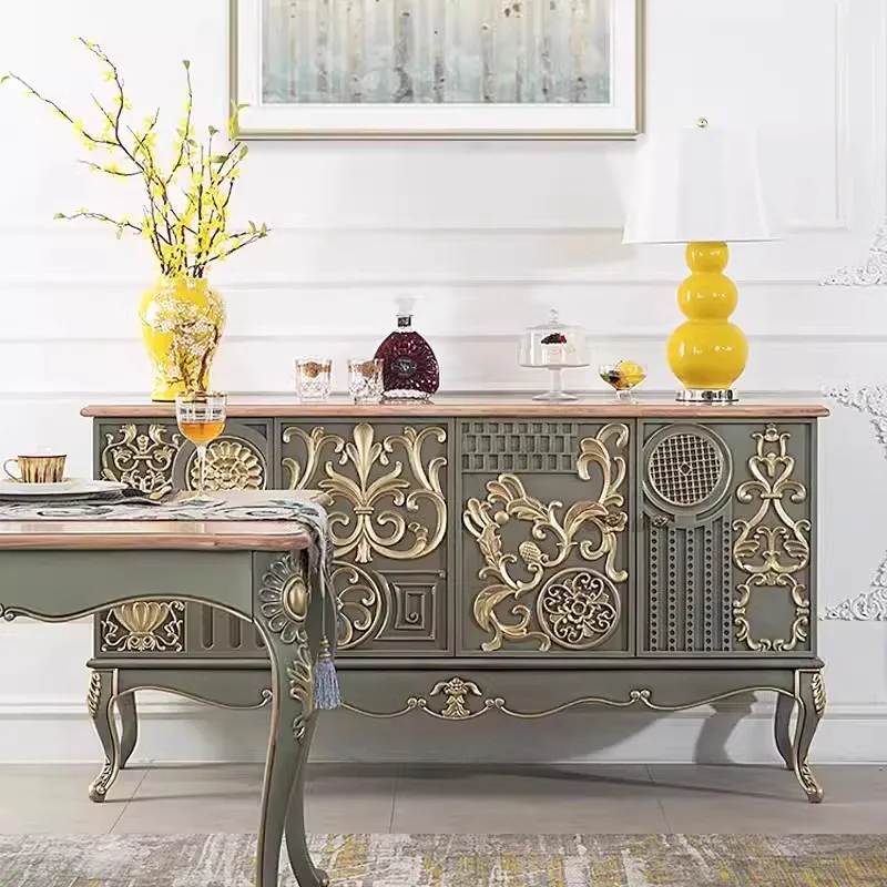 CX vintage solid wood sideboard and neo-classical entrance door facing the entryway cabinet