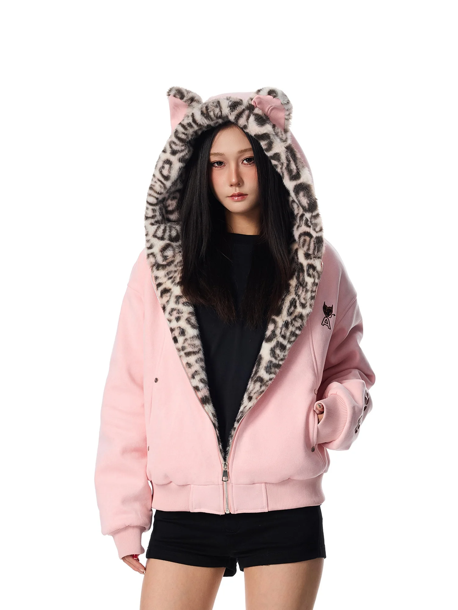 

Мужская куртка свободного кроя с капюшоном на подкладке Fce, с кроличьими ушками и внутренним леопардовым принтом, хлопковая куртка Street Sle