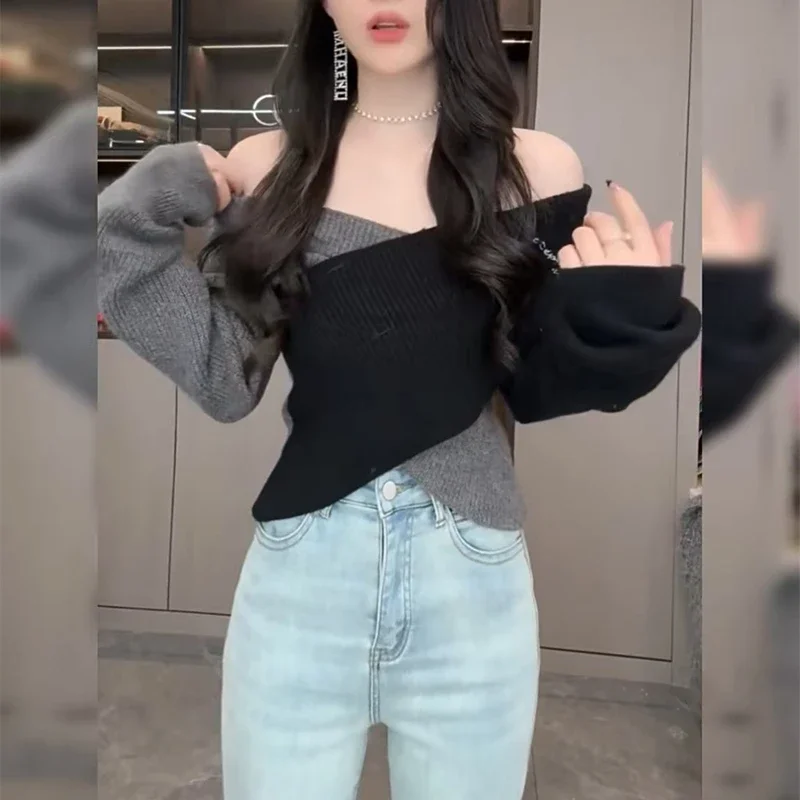 الخريف المرأة مثير طويلة الأكمام خارج الكتف سترة الشتاء عادية بلوفر مغزول موضة أنيقة عبر اللون تقسم تريكو