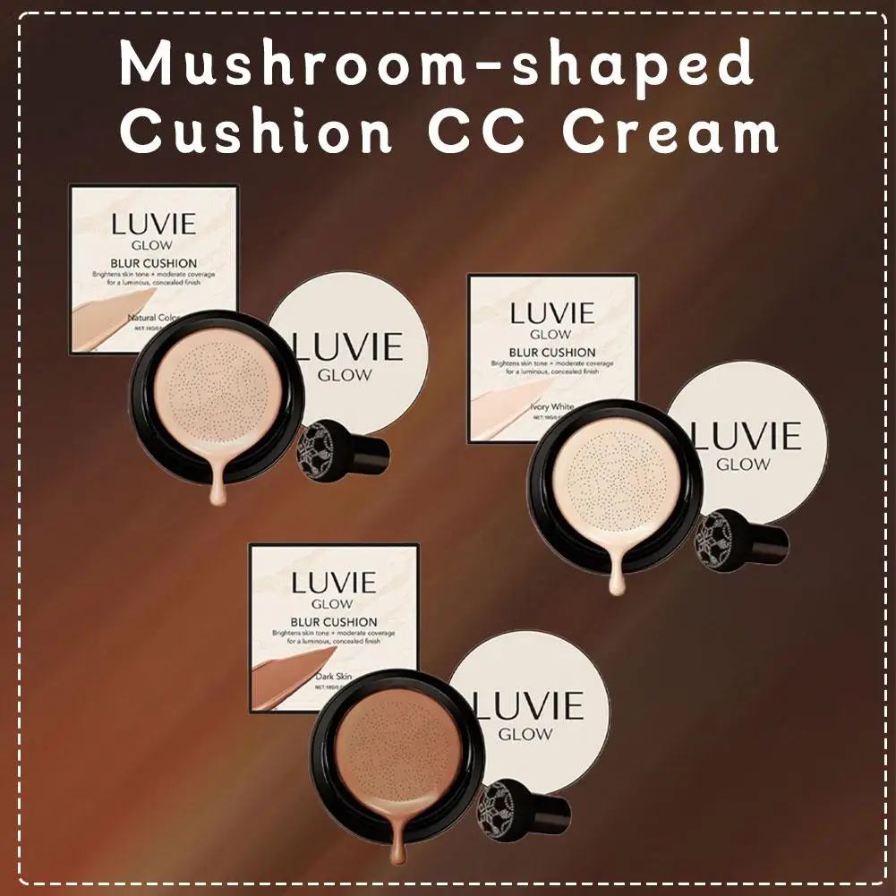LUVIE GLOW Almofada em forma de cogumelo CC Creme, Almofada desfiada para brilho natural, Base de maquiagem facial de vários tons