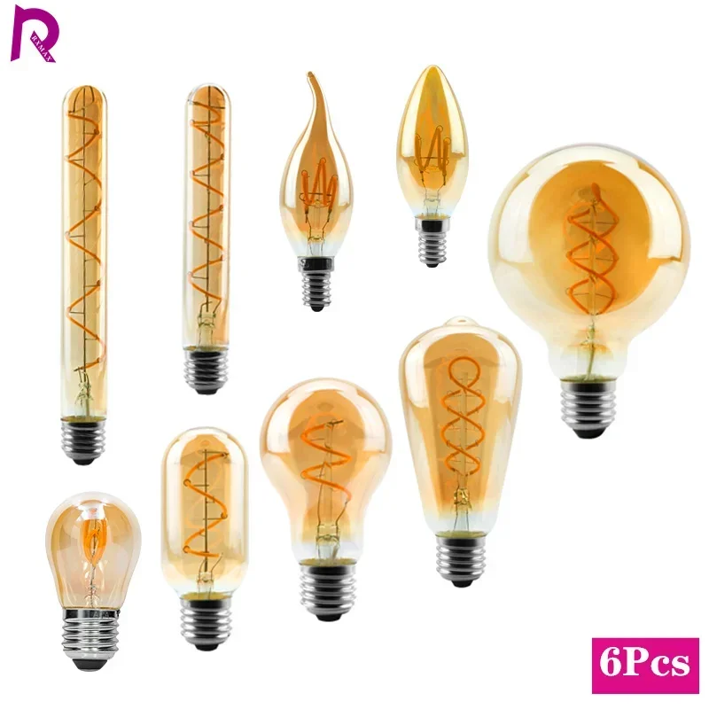 

6pcs/lot Retro Edison Lamp Spiral Filament LED Bulb A60 C35 ST64 T45 G80 G95 G125 T1225 4W E27 220V 2200K Warm Yellow Led Light