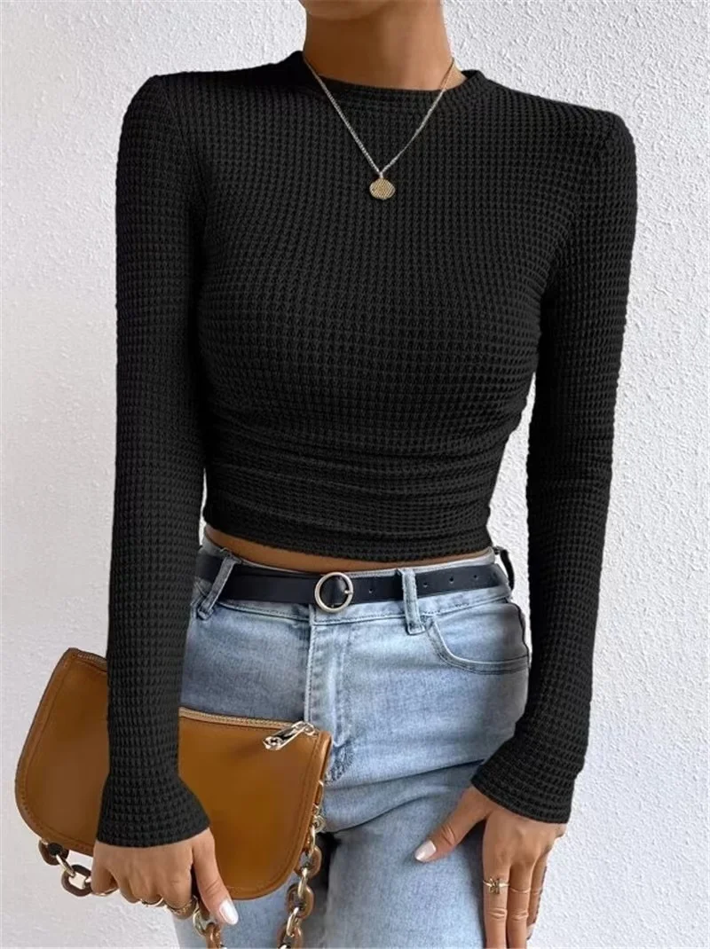 2024 Autumn Women\'S Solid Knit Pleated Side Long Sleeve T-Shirt Long Sleeves Solid Slim Tees All Match Basic Tops Undershirt