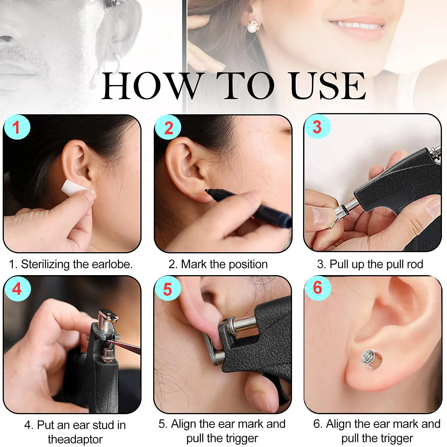 1Set Professional Steel Stainless Ear Piercing Gun Kit with 24pcs 4mm Piercing Studs & 4pcs 4mm Crown Studs