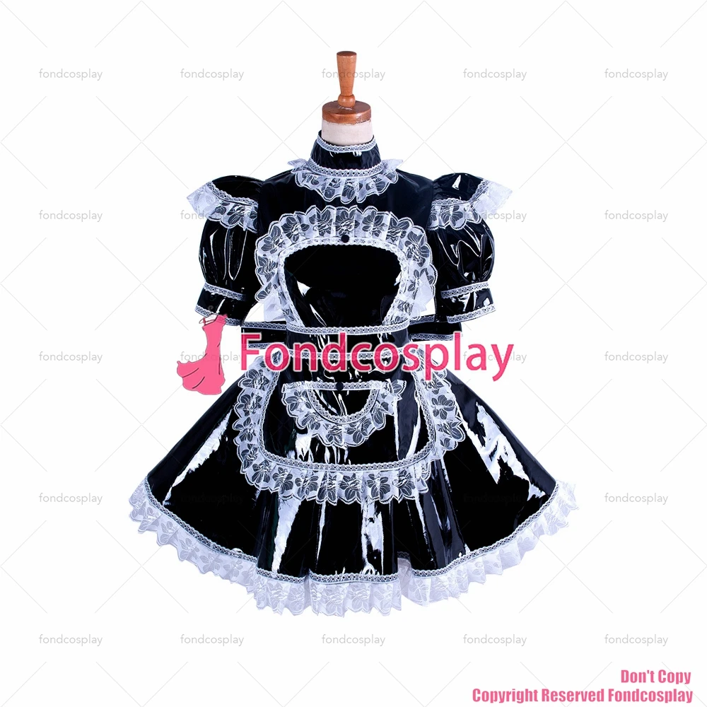 Fondcosplay adulto sexy cross dressing sissy maid short Black heavy Pvc Dress bloccabile uniforme Cosplay Costume CD/TV[G350]