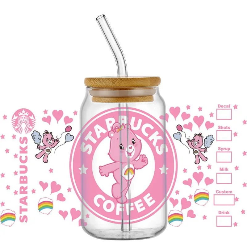 Miniso cute Care Bears 16OZ UV DTF Cup Wraps Transfer Sticker For Glass Libbey Can Bottle Selfadhesive Washable DIY Custom