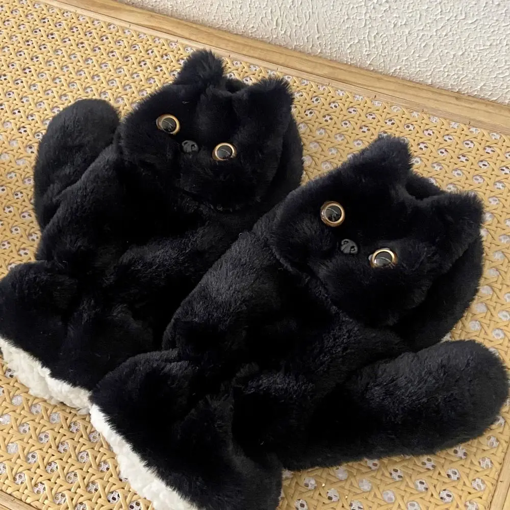 Soft Cute Black Cat Fur Gloves Cartoon Thicken Kitty Mitten Windproof Plush Cat Halter Gloves Winter