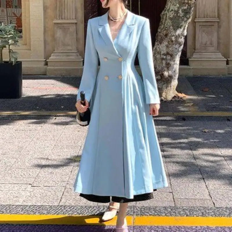 

Korea Suit Dress For Women Autumn Fashion Versatile Casual Solid Button Long Lapel Pleated Dresses 2024 New