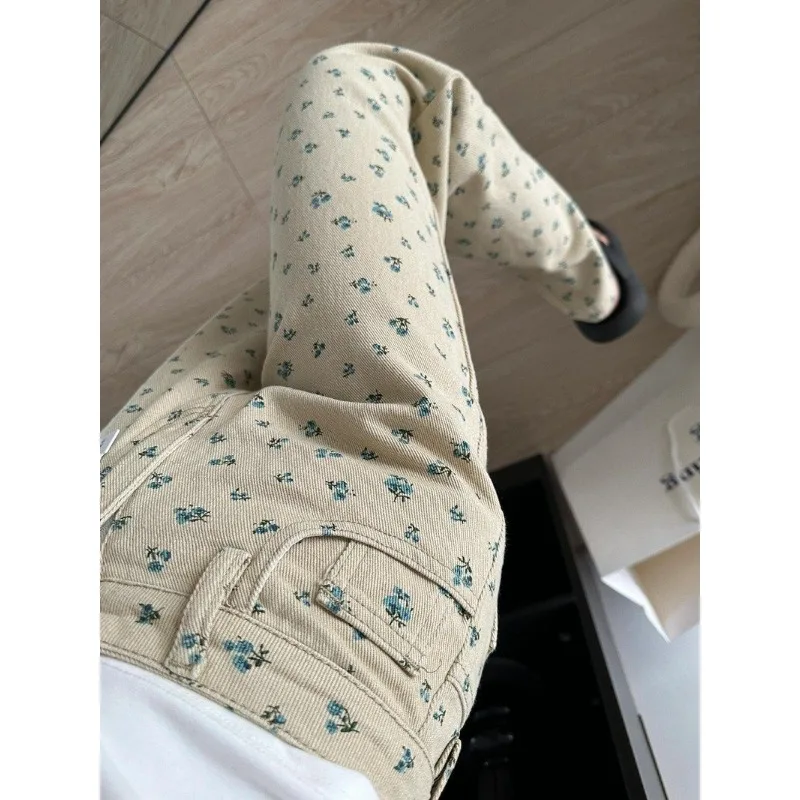 الرجعية الأزهار مستقيم الجينز المرأة الجديدة النمط الأمريكي عالية الخصر ضئيلة فضفاضة واسعة الساق السراويل #5