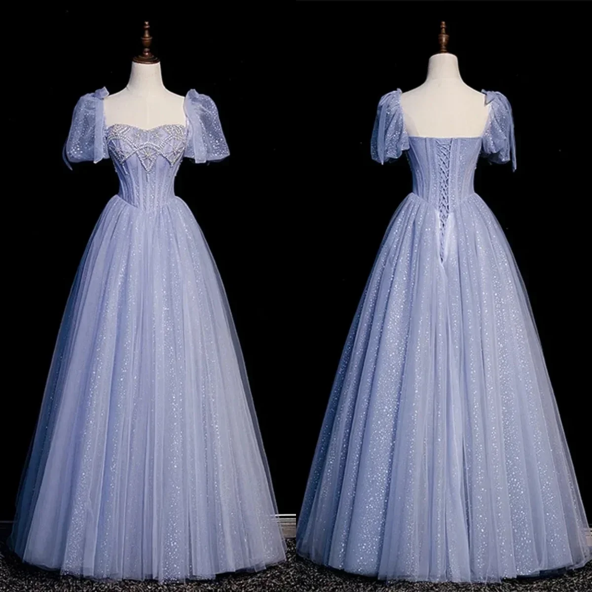 

Evening Dress Haze Blue Square Collar Beads Handmade Short Puffy Sleeves Lace up A-line Floor Length Plus size Women Party Gown