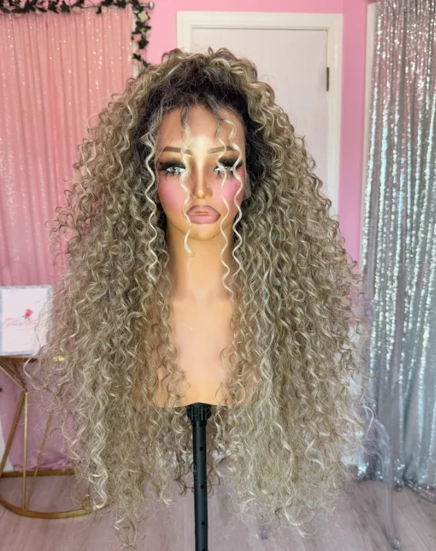 30 Inch Ash Honey Blonde HD Lace Frontal Wig Dark Root 13x4 Curly Wigs Preplucked Loose Deep Wave Wigs Mix Human Hair Luxury Wig