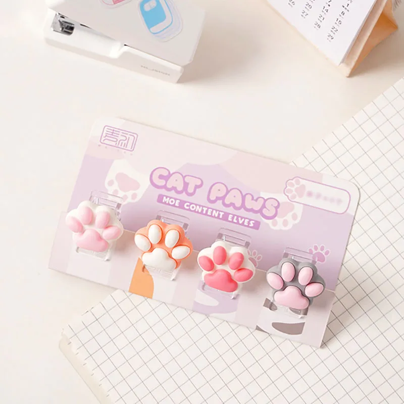 4 pçs mini pasta de pata de gato, marcador de pata de gato de desenho animado bonito, scrapbook, clipe de diário, clipe de papelaria, acessórios de escritório