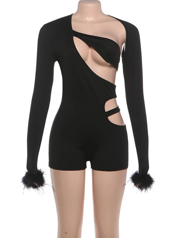 SsTss الصلبة ريشة تقليم كم طويل بذلة للنساء مثير غير المتكافئة قطع سليم تمتد Bodycon رومبير للحزب ليلة