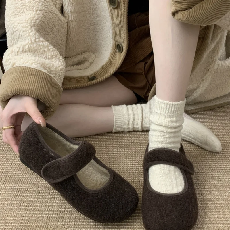 Herbst-Winter-Damen-Mary-Jane-Flats mit Fleece-Futter, flauschige Wollschuhe mit Klettverschluss, rutschfeste, weiche Sohle, warme, bequeme Alltagsschuhe. – Detail 7