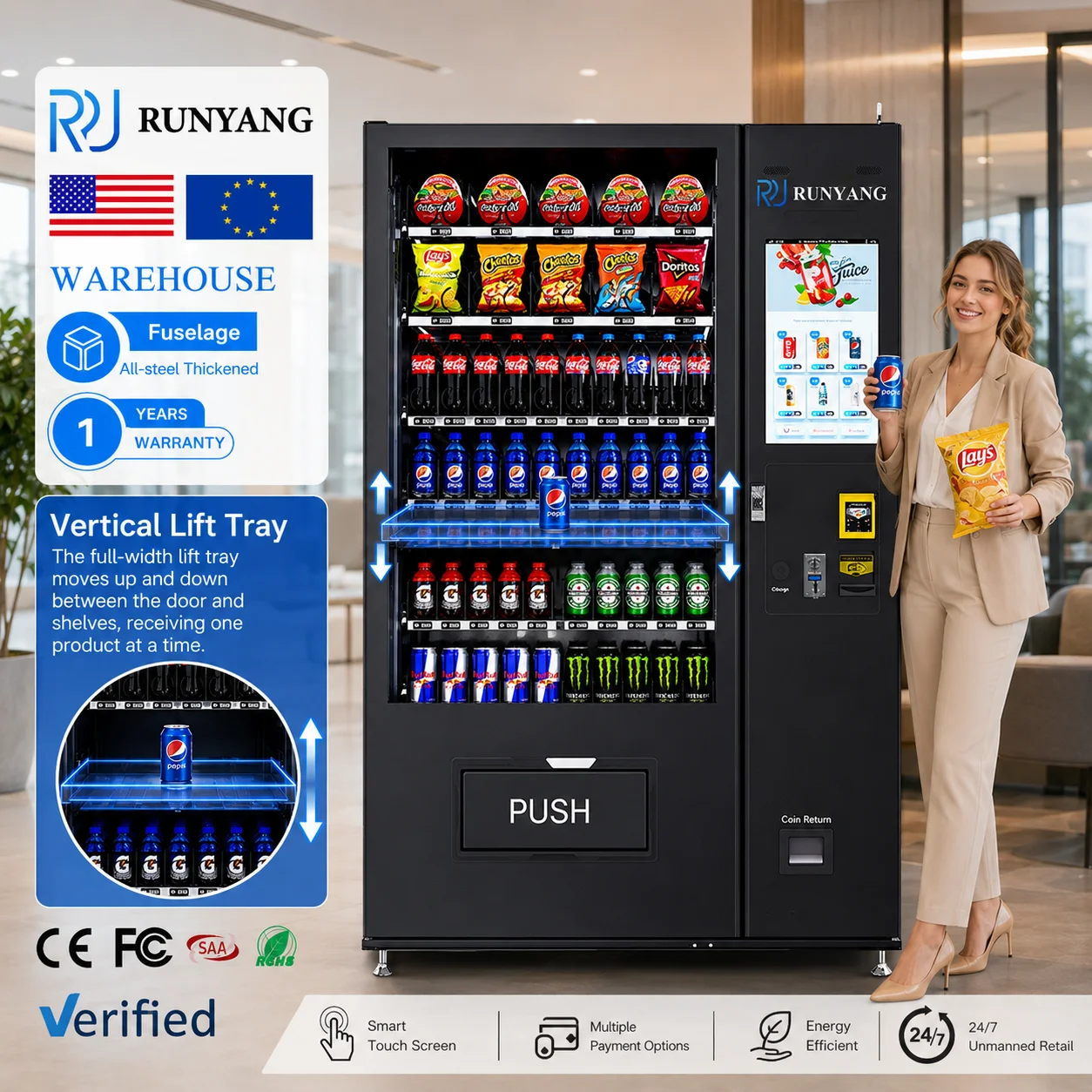RUNYANG Custom Touch Screen Drink Automatic Ai Food Smart Combo Snacks Vending Machine for Foods and Drinks