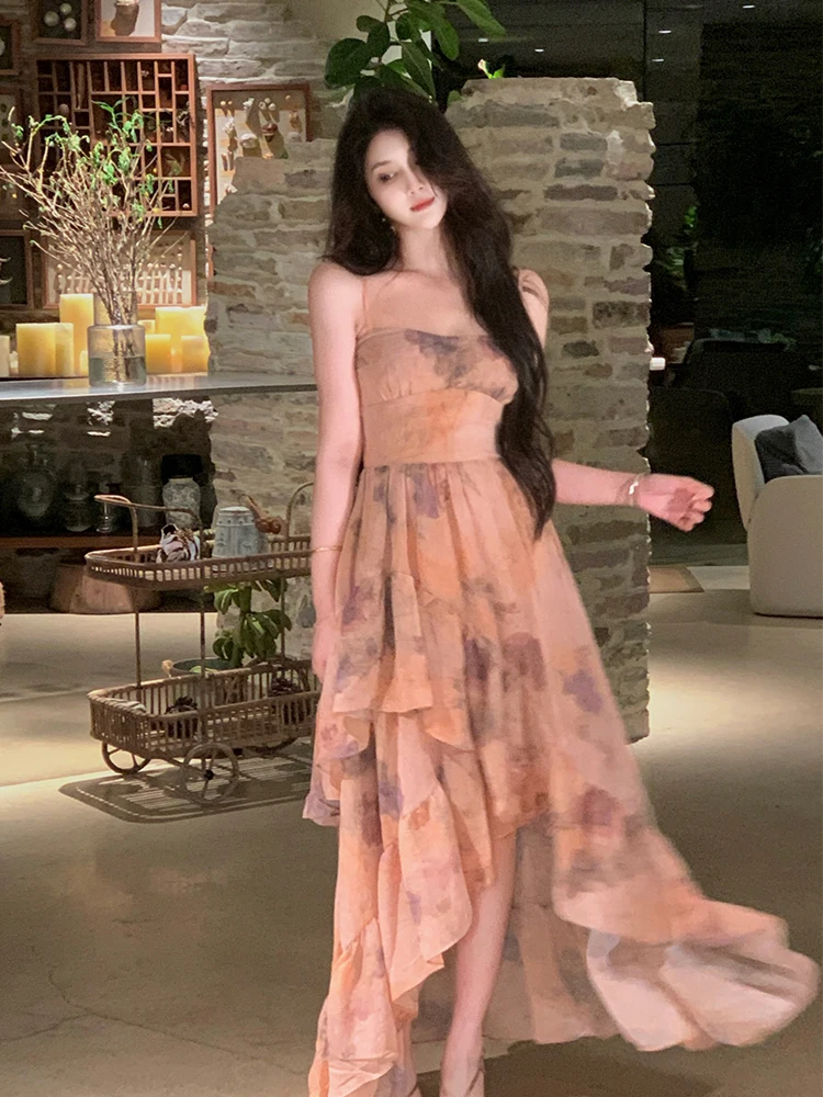 

Tie Rou Summer 2026 Irregular Hem Floral Print Maxi Dr Women's Svel High Waist Gown Ele Sle Spring/Summer Dr