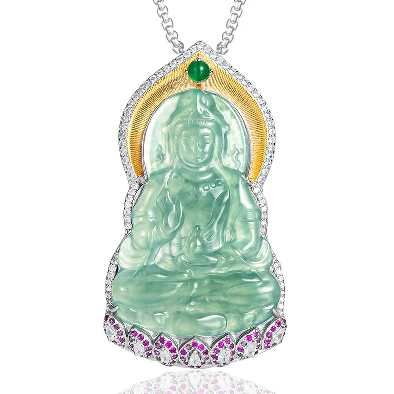 

Mai Chuang/ Hand-carved/ 925 Silver Inlaid with Natural Blue Water Jade Guanyin Necklace Pendant Emerald Men Women Couple Amulet