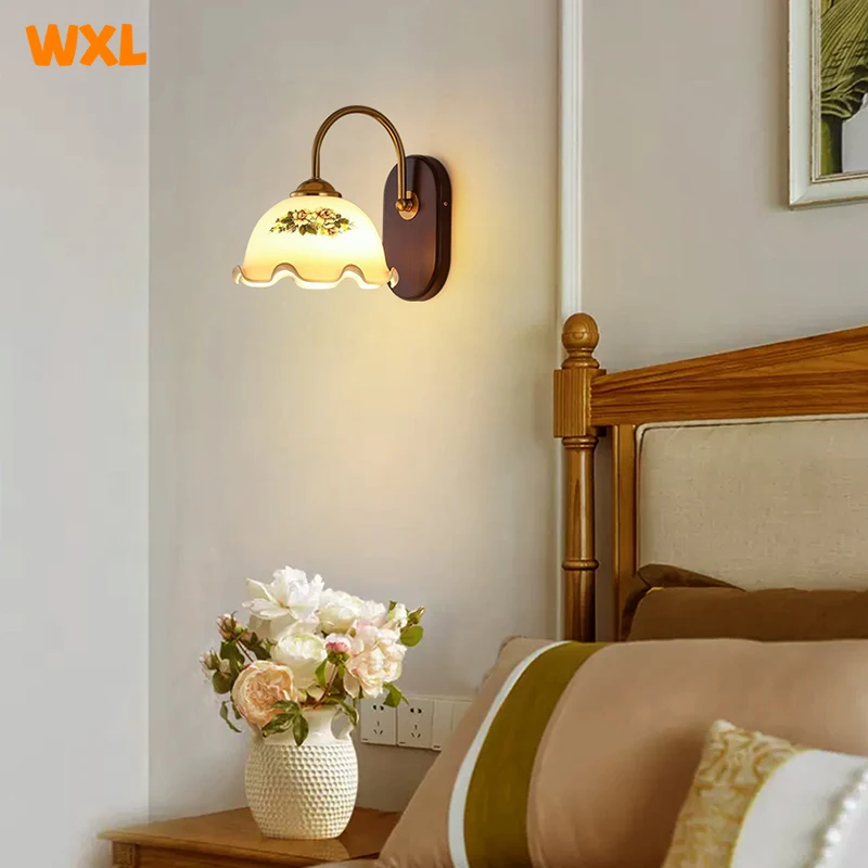 Minimalist Bedroom Bedside Lamp American Retro Living Room Wall Corridor Corridor Lamp Solid Wood Glass LED Wall Lamp