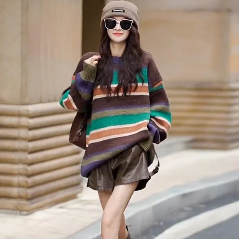 

Women's Spring Autumn Vintage Stripe Loose Sweater PU Leather Short Pants Two Piece Suits Lady Fashion Knit Tops Trousers Sets