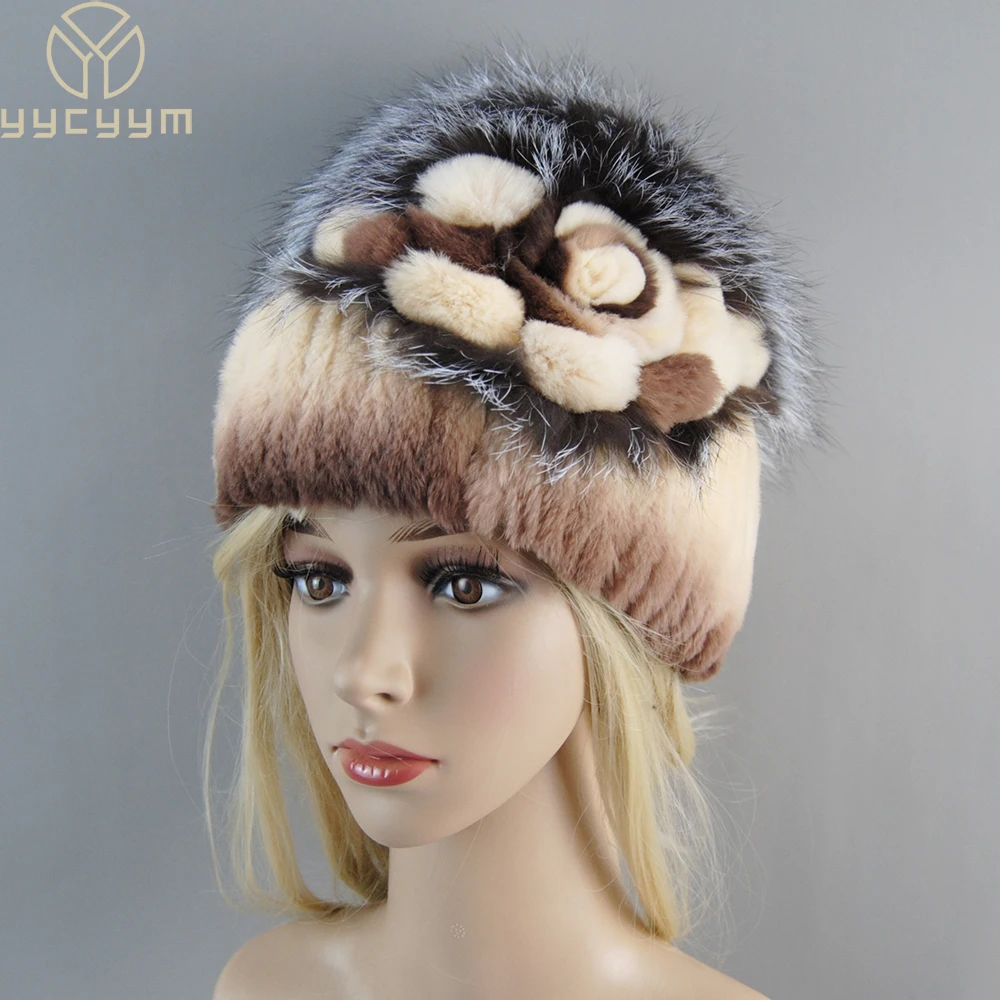 

2024 Winter Hat Women Rex Rabbit Fur Warm Knitted Hand Sewn Floral Fox Elegant Stylish Ladies Cold Hat Furry Cap Natural Fur Hat