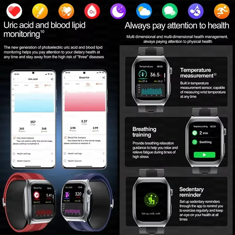 2025 New  Air Pump Airbag Test Three High Smart Watch Men ECG+PPG Smart NFC Blood lipids Health Tracker Smart Bracelet