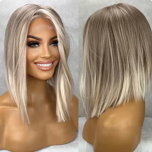 Natural Straight Blonde Bob Wig FUTURA Top Grade Short Bobs Lace Frontal Wigs 13x4 Shoulder Synthetic Wig Ombre Light Blonde