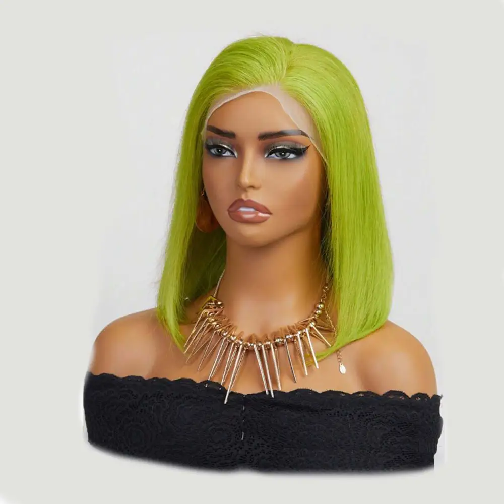 

Lime Green Short Straight Bob 13x4 Lace Front Human Hair Wig Glueless Remy Brazilian Hair 180% Density For Woman Perfect